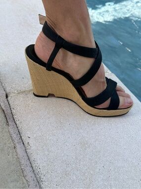 Christian Louboutin Black Strappy Woven Wedge Sandals